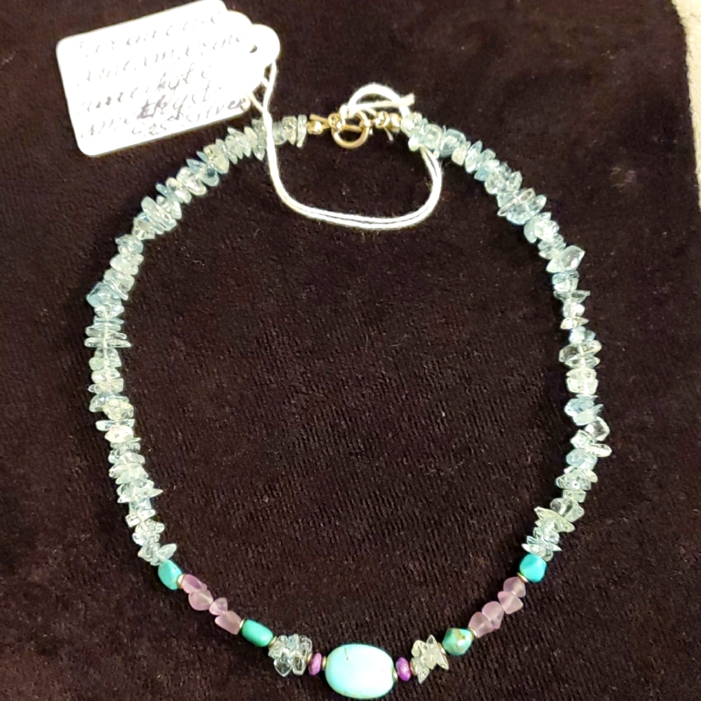 Elegant Turquoise Aquamarine Ametist Genuine Gemstons 925° Silver Necklace - Picture 3 of 5